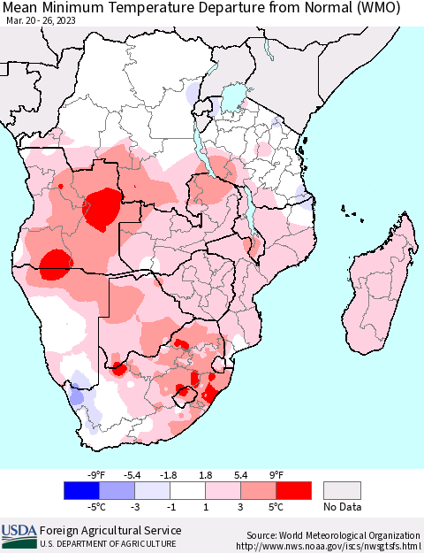 Southern Africa Mean Minimum Temperature Departure from Normal (WMO) Thematic Map For 3/20/2023 - 3/26/2023