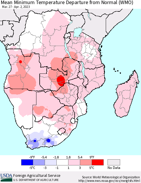 Southern Africa Mean Minimum Temperature Departure from Normal (WMO) Thematic Map For 3/27/2023 - 4/2/2023