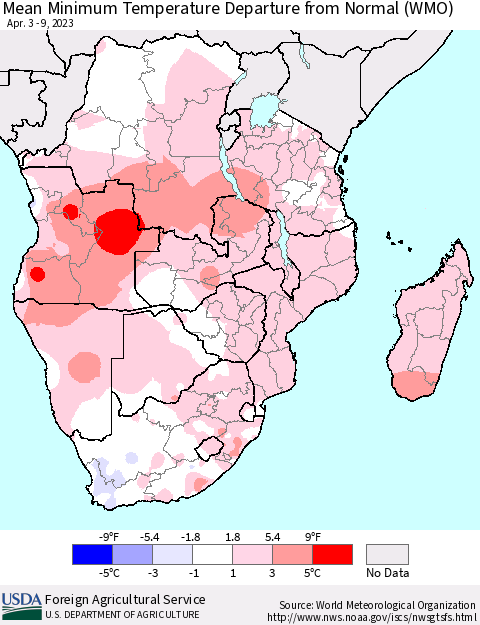 Southern Africa Mean Minimum Temperature Departure from Normal (WMO) Thematic Map For 4/3/2023 - 4/9/2023
