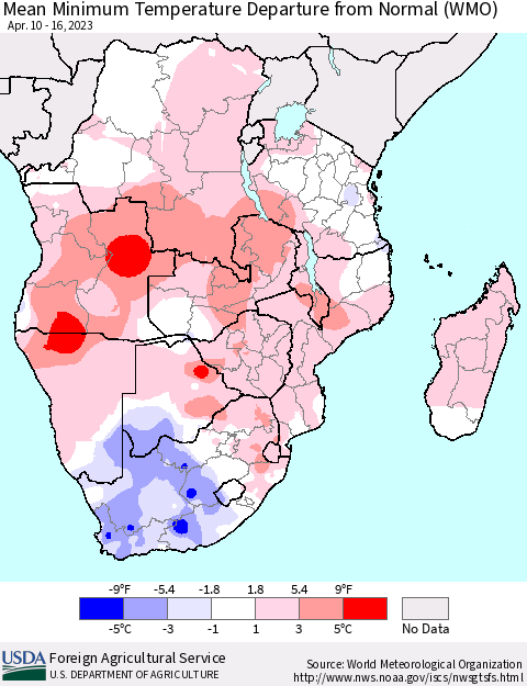 Southern Africa Mean Minimum Temperature Departure from Normal (WMO) Thematic Map For 4/10/2023 - 4/16/2023