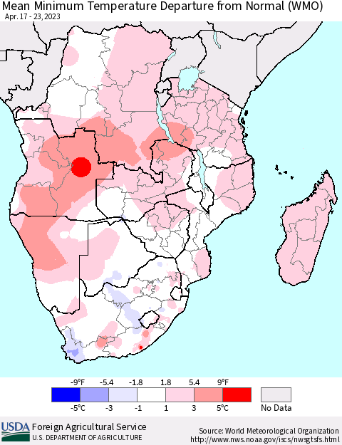 Southern Africa Mean Minimum Temperature Departure from Normal (WMO) Thematic Map For 4/17/2023 - 4/23/2023