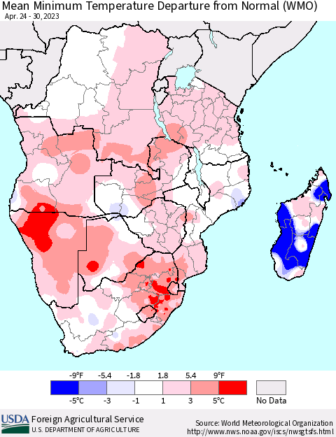 Southern Africa Mean Minimum Temperature Departure from Normal (WMO) Thematic Map For 4/24/2023 - 4/30/2023