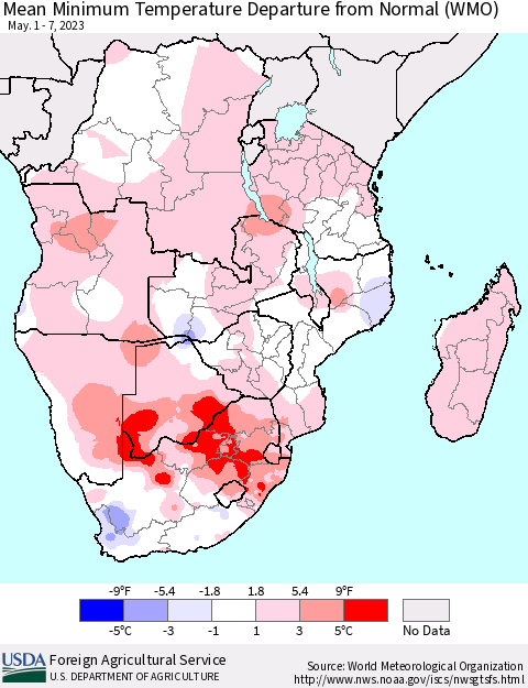 Southern Africa Mean Minimum Temperature Departure from Normal (WMO) Thematic Map For 5/1/2023 - 5/7/2023