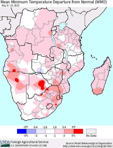 Southern Africa Mean Minimum Temperature Departure from Normal (WMO) Thematic Map For 5/8/2023 - 5/14/2023