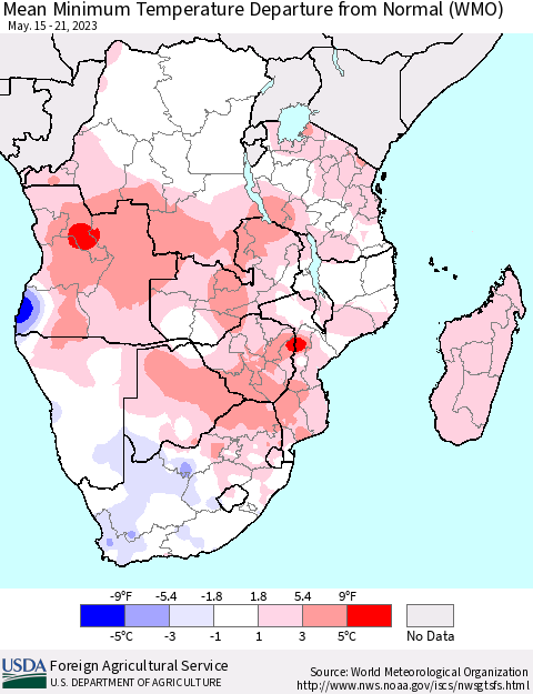 Southern Africa Mean Minimum Temperature Departure from Normal (WMO) Thematic Map For 5/15/2023 - 5/21/2023