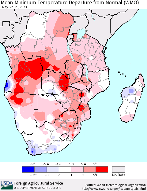 Southern Africa Mean Minimum Temperature Departure from Normal (WMO) Thematic Map For 5/22/2023 - 5/28/2023
