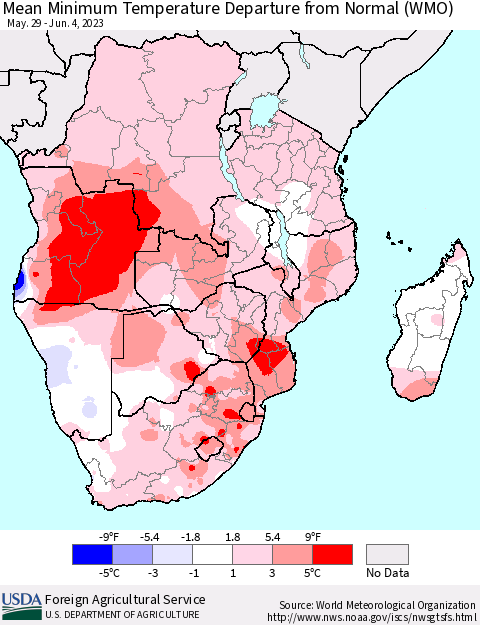 Southern Africa Mean Minimum Temperature Departure from Normal (WMO) Thematic Map For 5/29/2023 - 6/4/2023