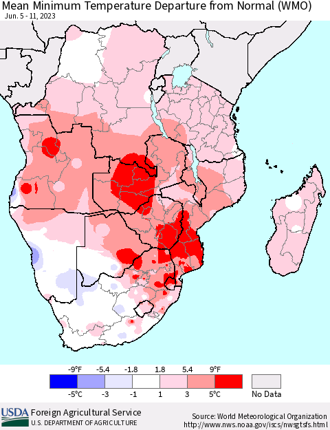 Southern Africa Mean Minimum Temperature Departure from Normal (WMO) Thematic Map For 6/5/2023 - 6/11/2023