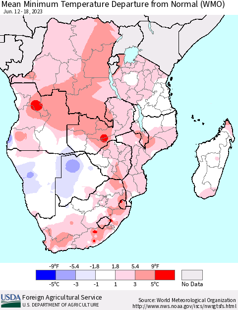 Southern Africa Mean Minimum Temperature Departure from Normal (WMO) Thematic Map For 6/12/2023 - 6/18/2023