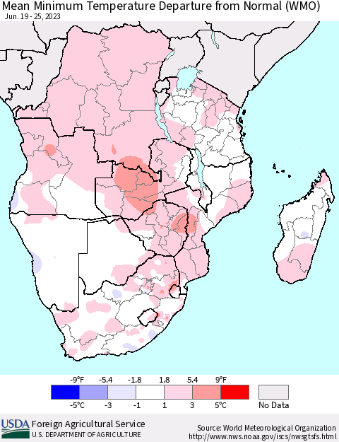 Southern Africa Mean Minimum Temperature Departure from Normal (WMO) Thematic Map For 6/19/2023 - 6/25/2023