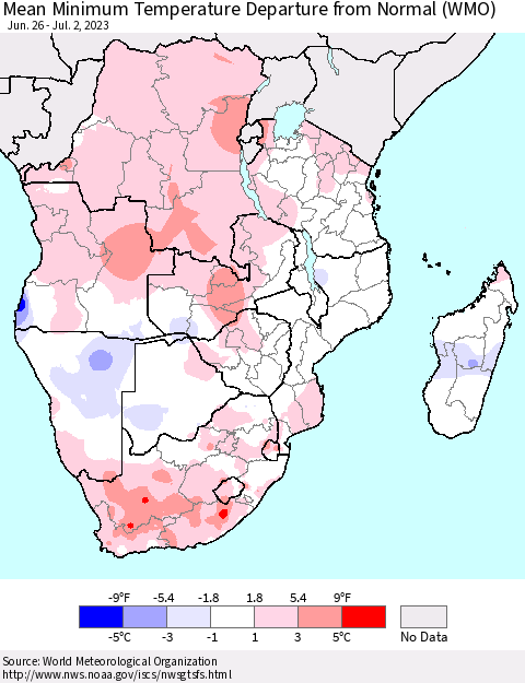 Southern Africa Mean Minimum Temperature Departure from Normal (WMO) Thematic Map For 6/26/2023 - 7/2/2023