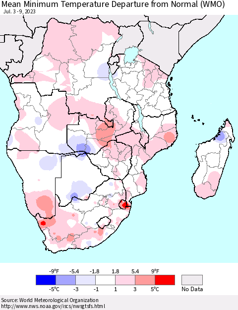 Southern Africa Mean Minimum Temperature Departure from Normal (WMO) Thematic Map For 7/3/2023 - 7/9/2023