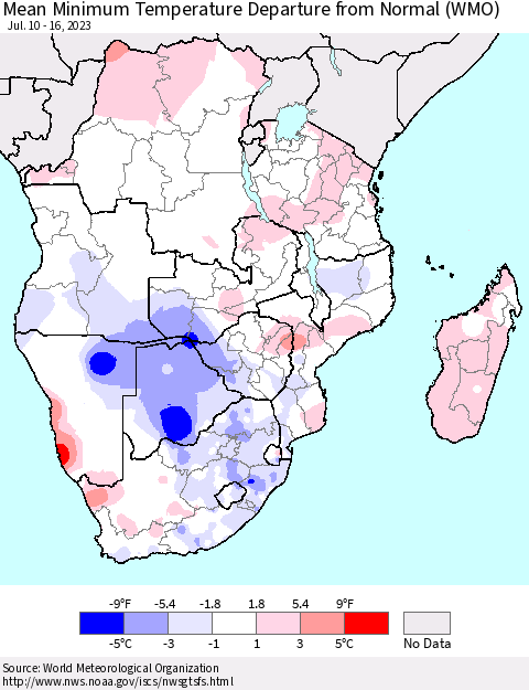 Southern Africa Mean Minimum Temperature Departure from Normal (WMO) Thematic Map For 7/10/2023 - 7/16/2023