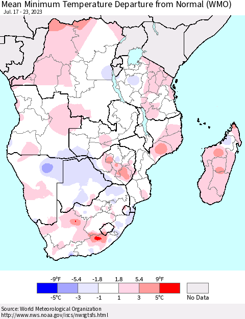 Southern Africa Mean Minimum Temperature Departure from Normal (WMO) Thematic Map For 7/17/2023 - 7/23/2023