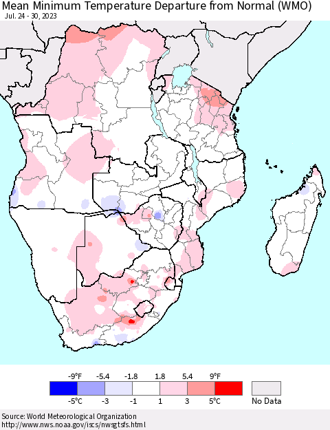 Southern Africa Mean Minimum Temperature Departure from Normal (WMO) Thematic Map For 7/24/2023 - 7/30/2023