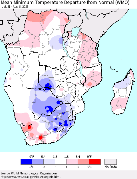 Southern Africa Mean Minimum Temperature Departure from Normal (WMO) Thematic Map For 7/31/2023 - 8/6/2023
