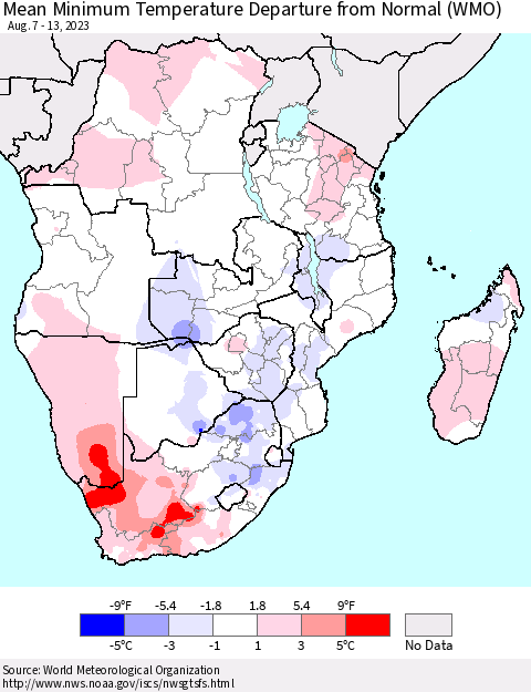 Southern Africa Mean Minimum Temperature Departure from Normal (WMO) Thematic Map For 8/7/2023 - 8/13/2023