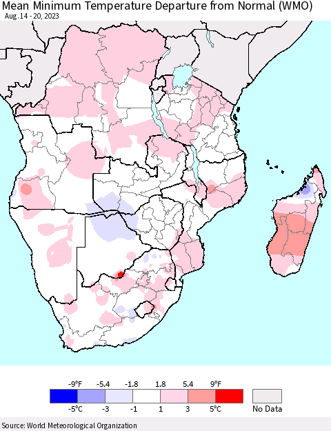 Southern Africa Mean Minimum Temperature Departure from Normal (WMO) Thematic Map For 8/14/2023 - 8/20/2023