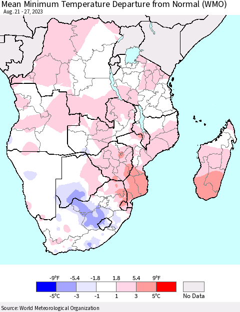 Southern Africa Mean Minimum Temperature Departure from Normal (WMO) Thematic Map For 8/21/2023 - 8/27/2023