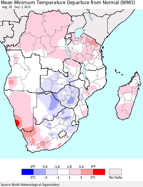 Southern Africa Mean Minimum Temperature Departure from Normal (WMO) Thematic Map For 8/28/2023 - 9/3/2023