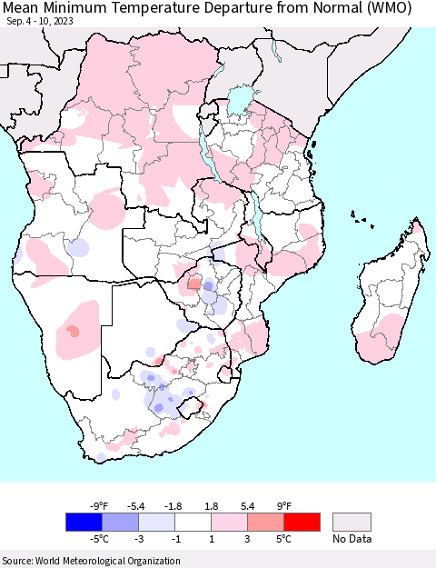 Southern Africa Mean Minimum Temperature Departure from Normal (WMO) Thematic Map For 9/4/2023 - 9/10/2023