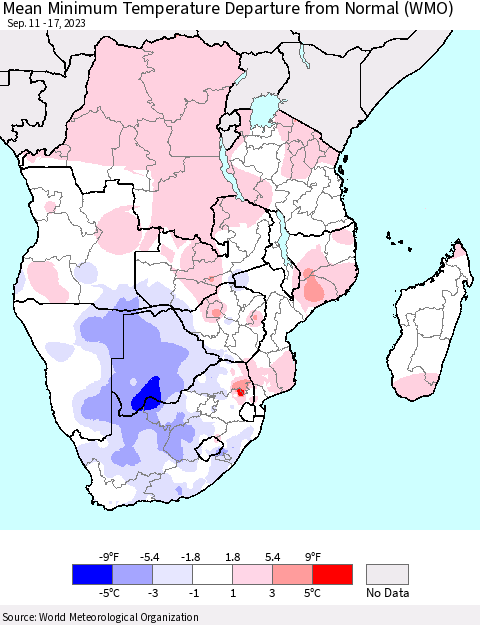 Southern Africa Mean Minimum Temperature Departure from Normal (WMO) Thematic Map For 9/11/2023 - 9/17/2023