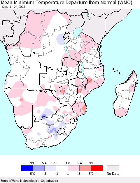 Southern Africa Mean Minimum Temperature Departure from Normal (WMO) Thematic Map For 9/18/2023 - 9/24/2023