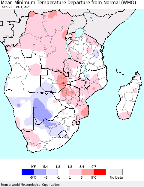 Southern Africa Mean Minimum Temperature Departure from Normal (WMO) Thematic Map For 9/25/2023 - 10/1/2023