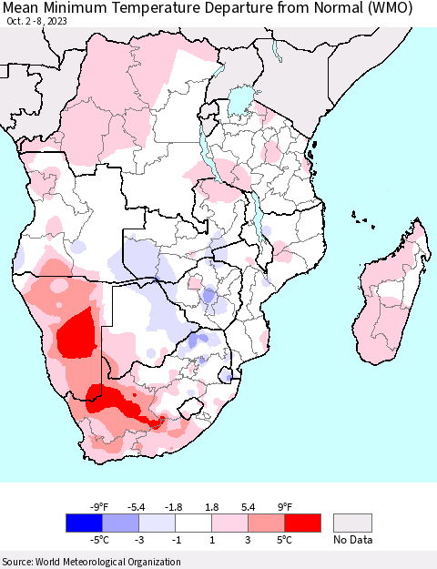 Southern Africa Mean Minimum Temperature Departure from Normal (WMO) Thematic Map For 10/2/2023 - 10/8/2023