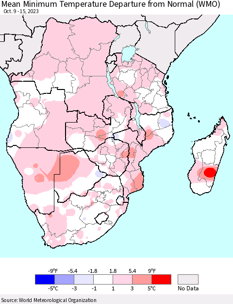 Southern Africa Mean Minimum Temperature Departure from Normal (WMO) Thematic Map For 10/9/2023 - 10/15/2023