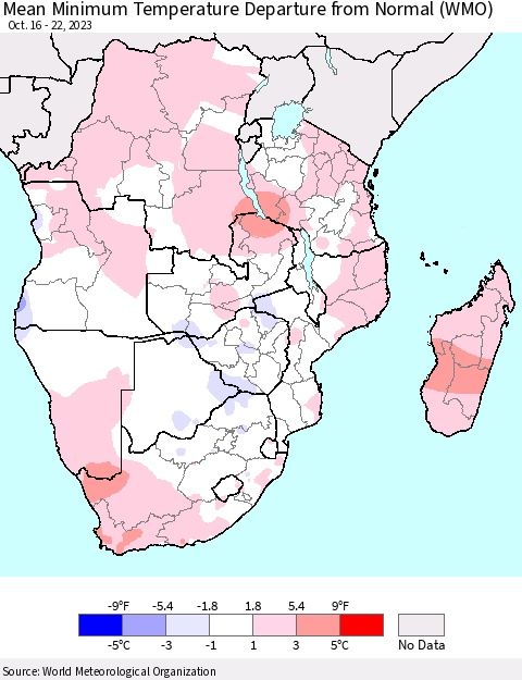 Southern Africa Mean Minimum Temperature Departure from Normal (WMO) Thematic Map For 10/16/2023 - 10/22/2023