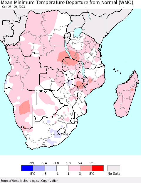 Southern Africa Mean Minimum Temperature Departure from Normal (WMO) Thematic Map For 10/23/2023 - 10/29/2023