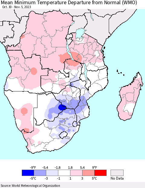 Southern Africa Mean Minimum Temperature Departure from Normal (WMO) Thematic Map For 10/30/2023 - 11/5/2023