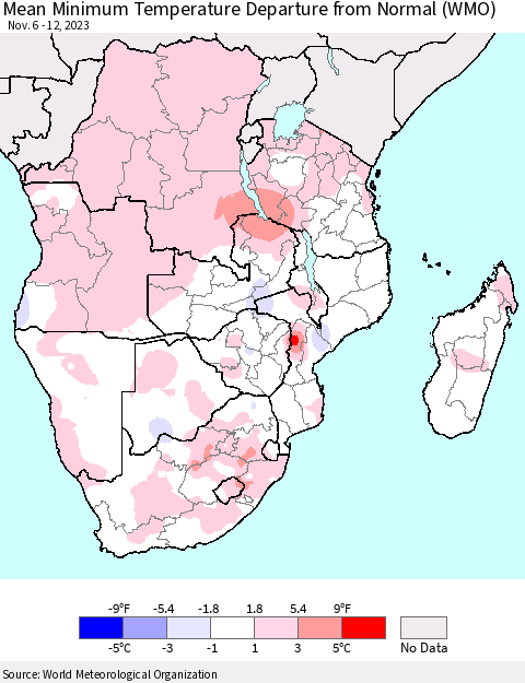 Southern Africa Mean Minimum Temperature Departure from Normal (WMO) Thematic Map For 11/6/2023 - 11/12/2023