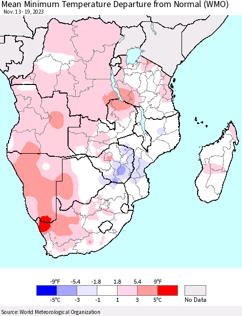 Southern Africa Mean Minimum Temperature Departure from Normal (WMO) Thematic Map For 11/13/2023 - 11/19/2023