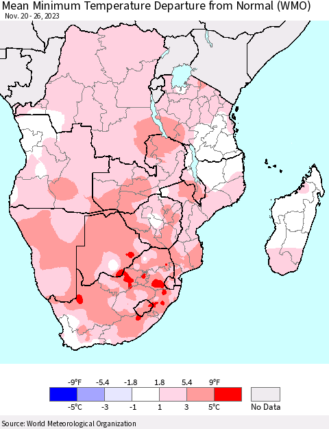 Southern Africa Mean Minimum Temperature Departure from Normal (WMO) Thematic Map For 11/20/2023 - 11/26/2023