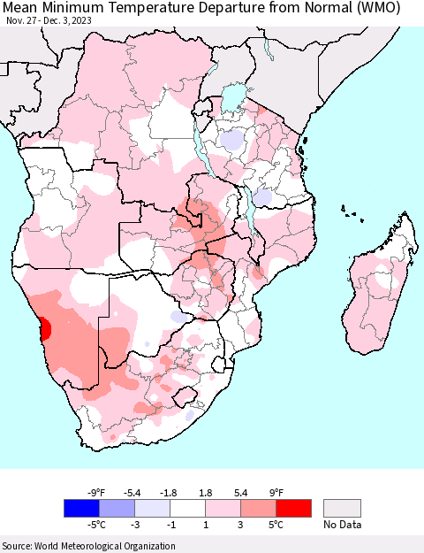 Southern Africa Mean Minimum Temperature Departure from Normal (WMO) Thematic Map For 11/27/2023 - 12/3/2023