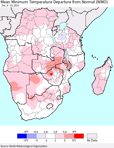 Southern Africa Mean Minimum Temperature Departure from Normal (WMO) Thematic Map For 12/4/2023 - 12/10/2023