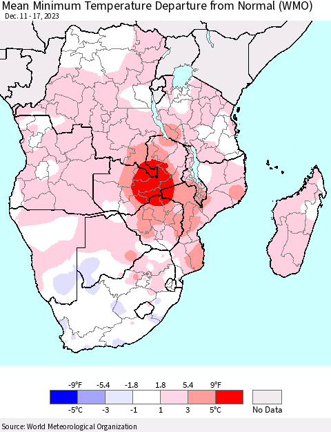 Southern Africa Mean Minimum Temperature Departure from Normal (WMO) Thematic Map For 12/11/2023 - 12/17/2023