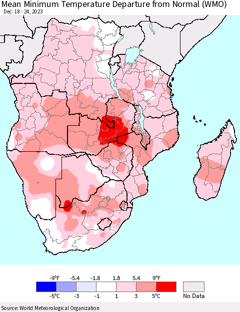 Southern Africa Mean Minimum Temperature Departure from Normal (WMO) Thematic Map For 12/18/2023 - 12/24/2023