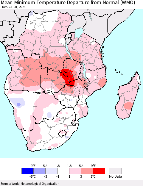 Southern Africa Mean Minimum Temperature Departure from Normal (WMO) Thematic Map For 12/25/2023 - 12/31/2023