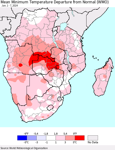 Southern Africa Mean Minimum Temperature Departure from Normal (WMO) Thematic Map For 1/1/2024 - 1/7/2024