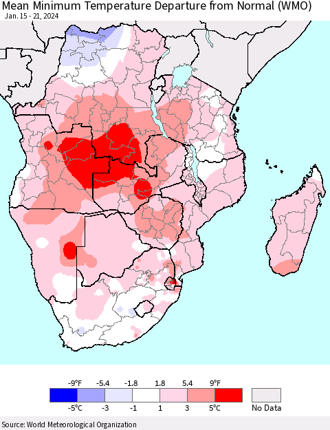 Southern Africa Mean Minimum Temperature Departure from Normal (WMO) Thematic Map For 1/15/2024 - 1/21/2024