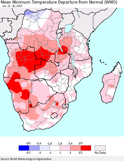 Southern Africa Mean Minimum Temperature Departure from Normal (WMO) Thematic Map For 1/22/2024 - 1/28/2024
