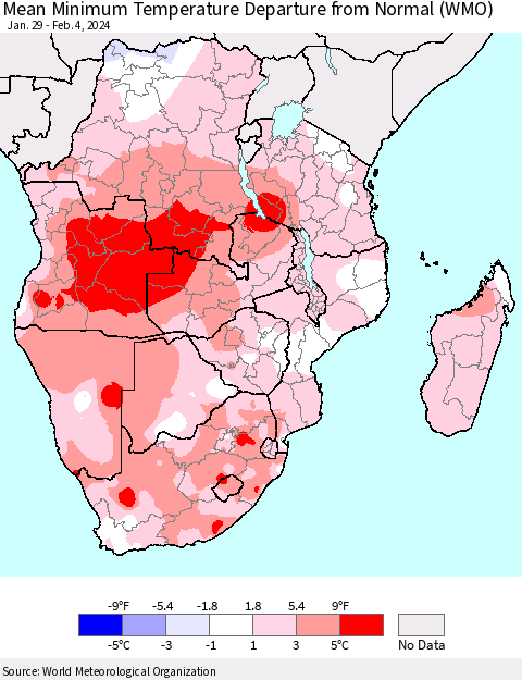 Southern Africa Mean Minimum Temperature Departure from Normal (WMO) Thematic Map For 1/29/2024 - 2/4/2024