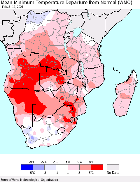 Southern Africa Mean Minimum Temperature Departure from Normal (WMO) Thematic Map For 2/5/2024 - 2/11/2024