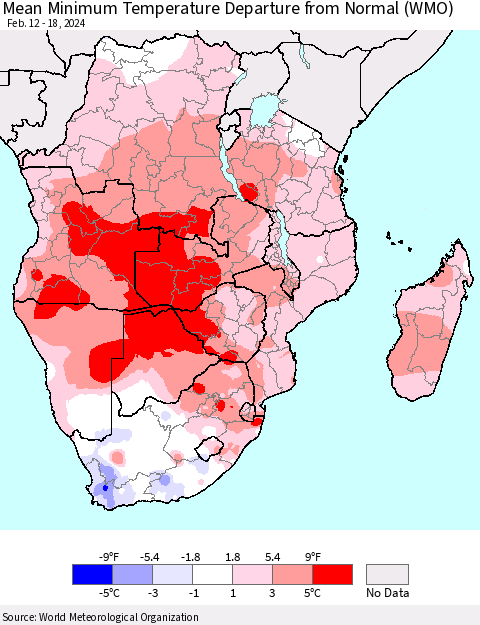 Southern Africa Mean Minimum Temperature Departure from Normal (WMO) Thematic Map For 2/12/2024 - 2/18/2024