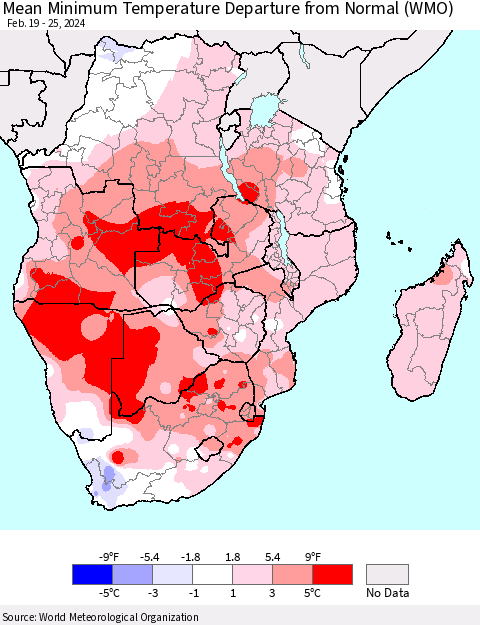 Southern Africa Mean Minimum Temperature Departure from Normal (WMO) Thematic Map For 2/19/2024 - 2/25/2024