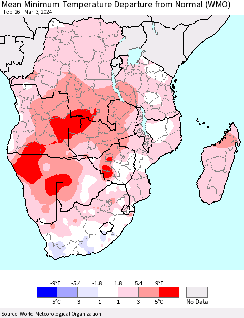 Southern Africa Mean Minimum Temperature Departure from Normal (WMO) Thematic Map For 2/26/2024 - 3/3/2024