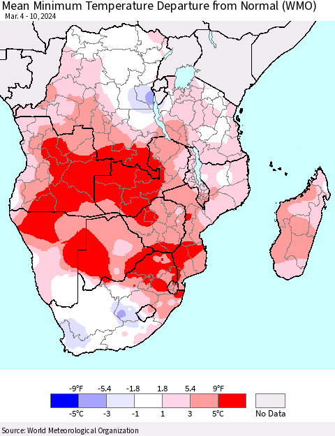 Southern Africa Mean Minimum Temperature Departure from Normal (WMO) Thematic Map For 3/4/2024 - 3/10/2024